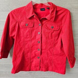 Westbound Womens Denim Jean Jacket Red Button Up 3/4 Sleeve Size M 100% Cotton